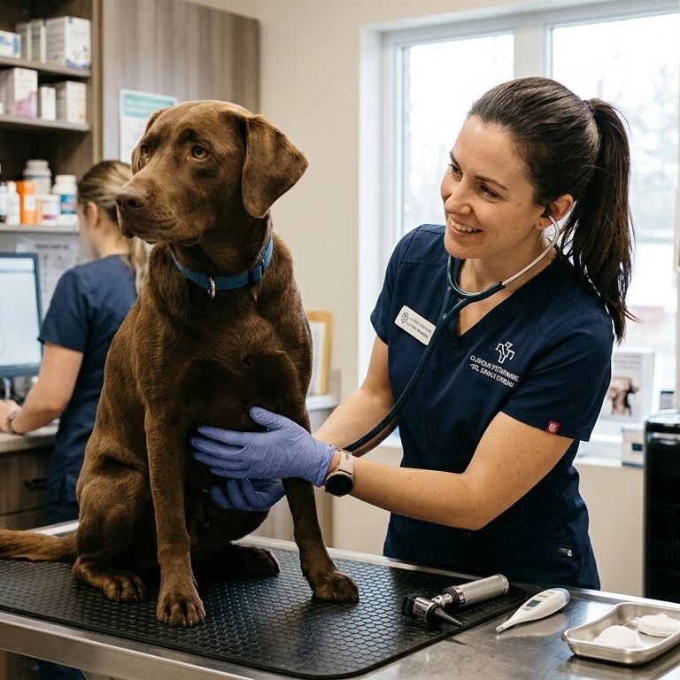 Vétérinaire examinant un chien pendant que l'IA gère le standard téléphonique