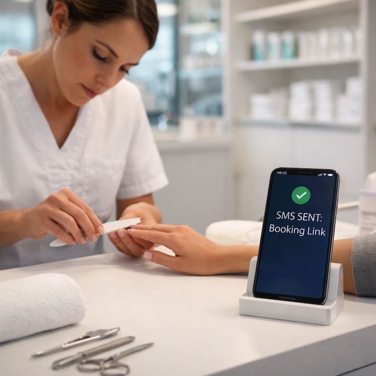 Esthéticienne réalisant un soin pendant que l'IA envoie un lien de réservation par SMS