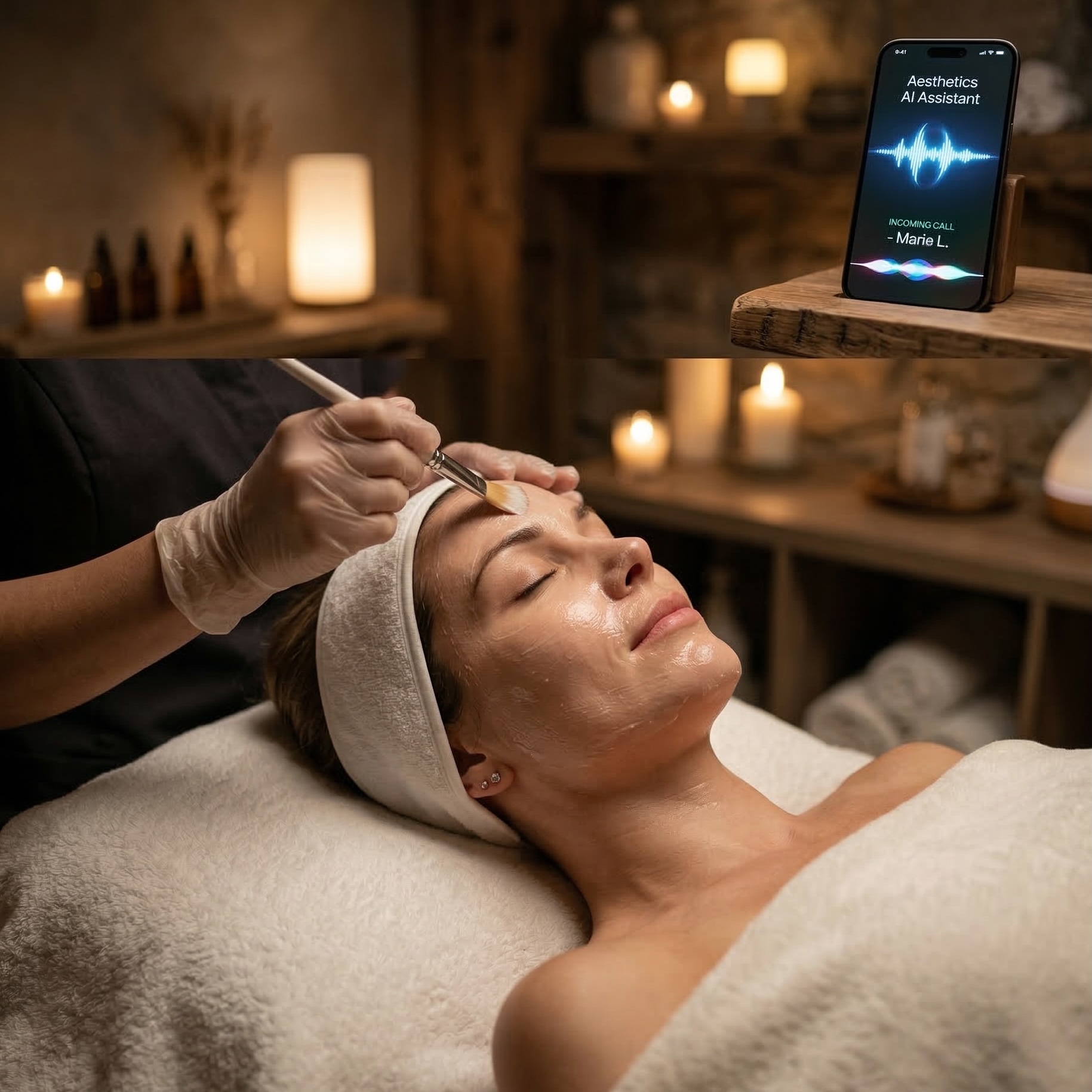 Cliente détendue pendant un soin du visage en institut sans bruit de téléphone