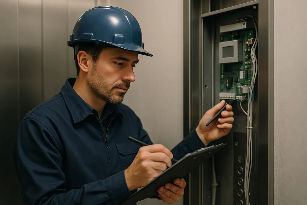 Technicien ascensoriste réalisant un diagnostic