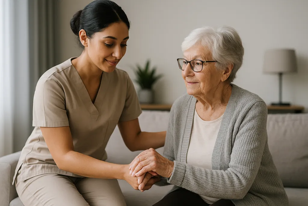 Auxiliaire de vie aidant une personne âgée