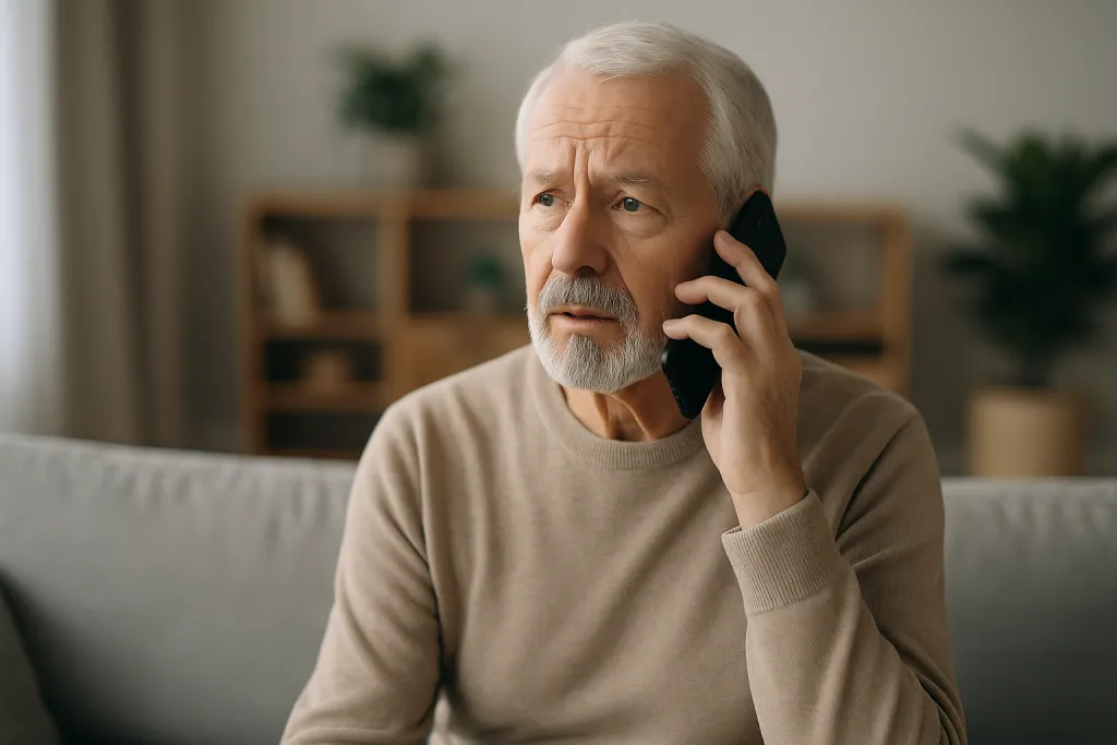Homme âgé au téléphone dans son salon