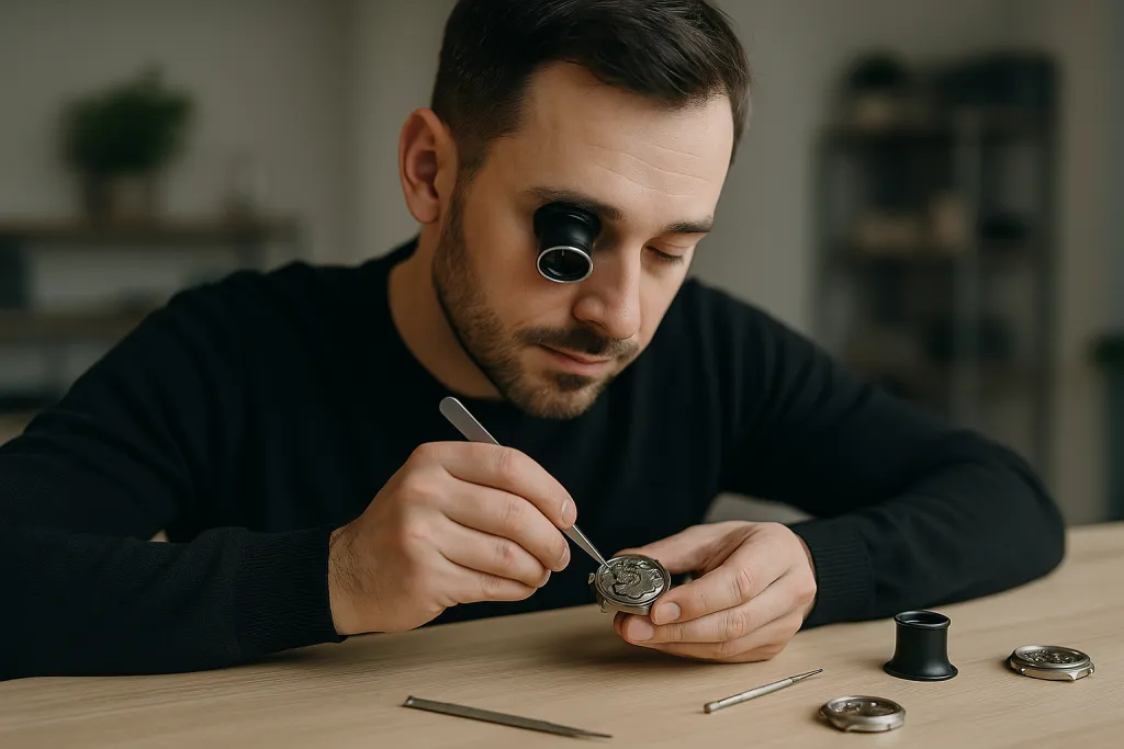 Horloger travaillant sur un mécanisme de montre de précision