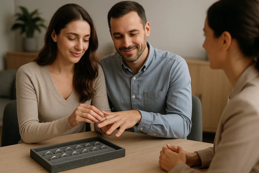 Couple essayant des alliances sur un présentoir en velours