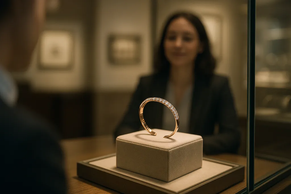 Bracelet précieux exposé en vitrine illuminée