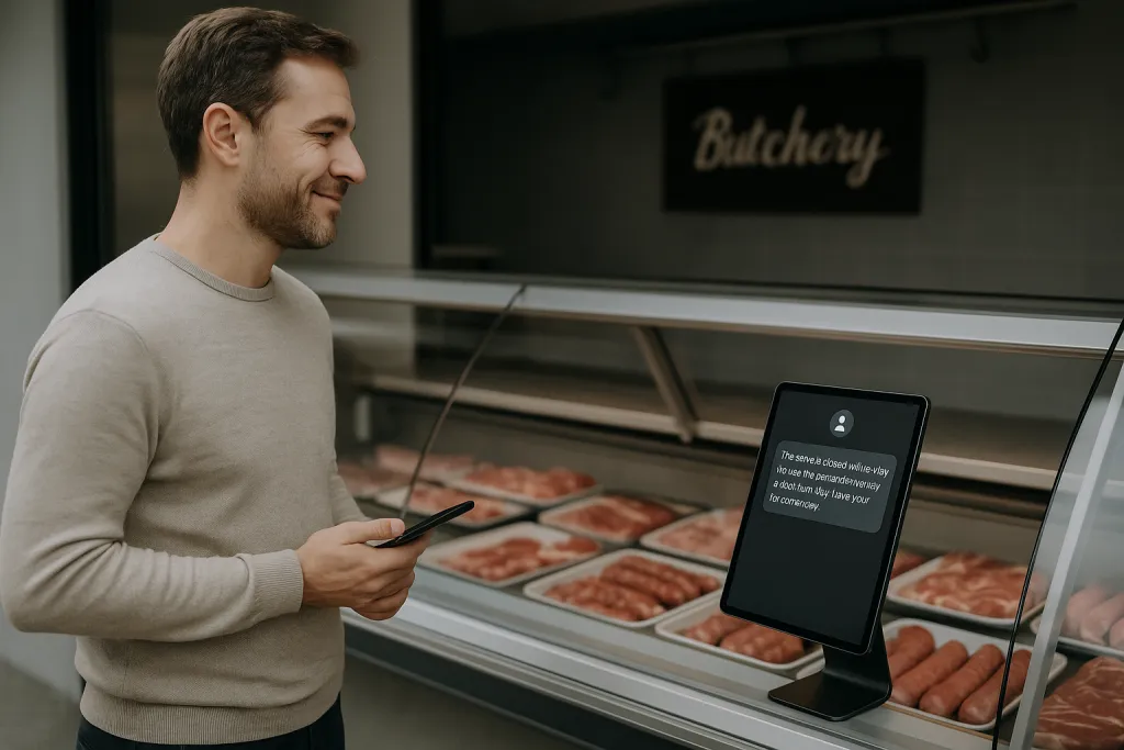 Vitrine de boucherie fermée avec prise de commande IA