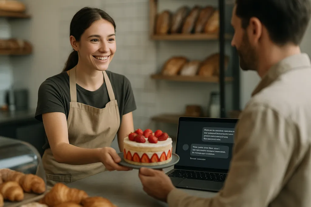 Boulangère servant un client pendant que l'IA prend une commande
