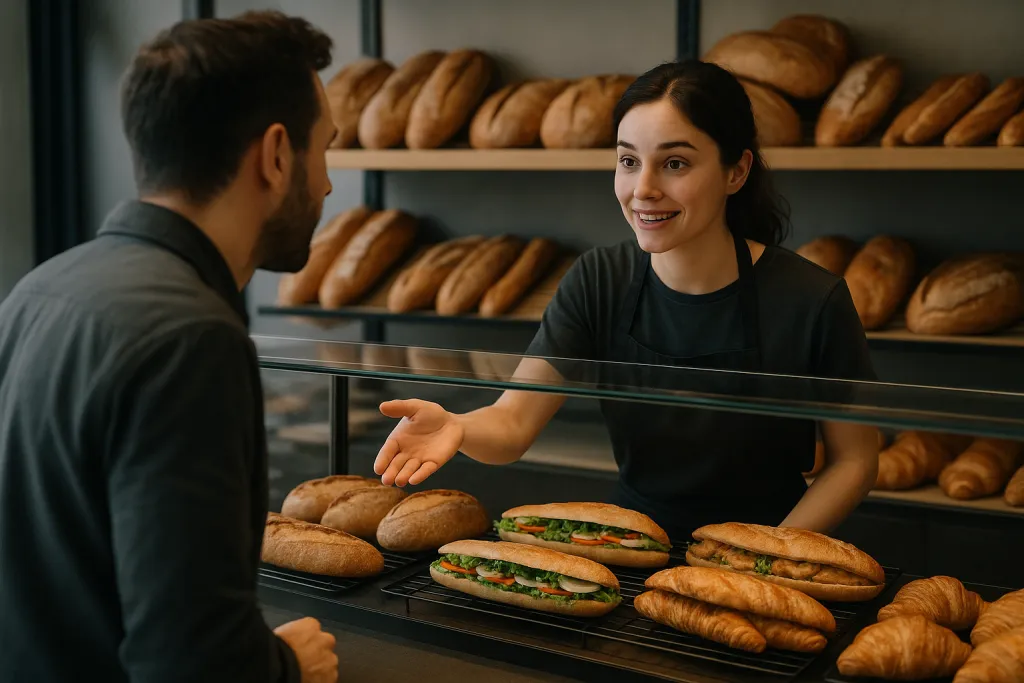 Vitrine de boulangerie pleine pendant le rush du midi