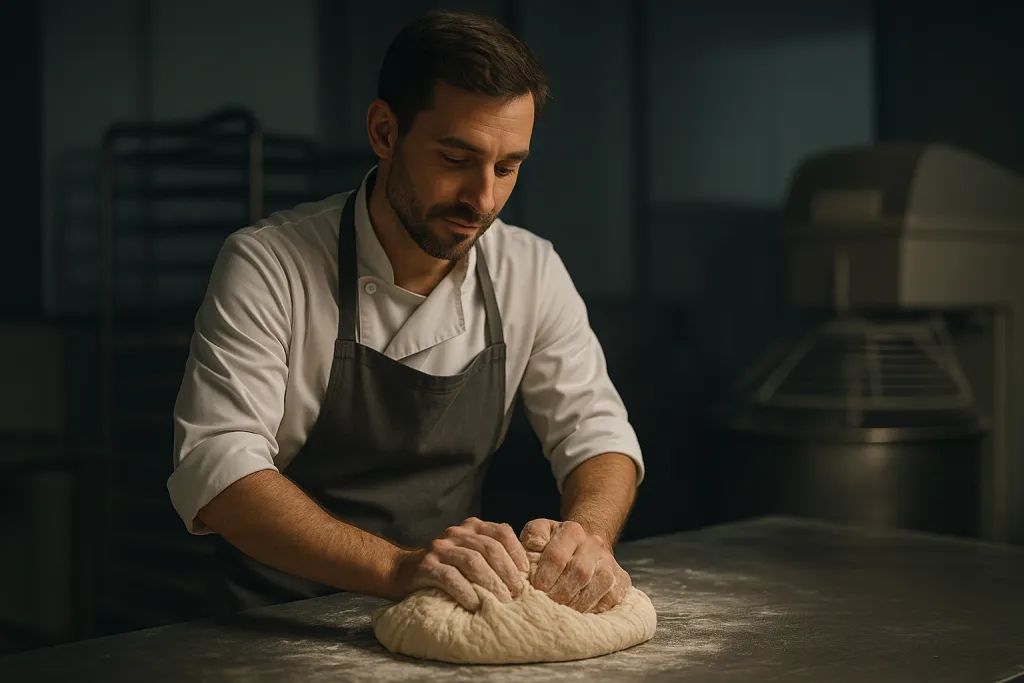 Boulanger pétrissant sa pâte pendant la nuit