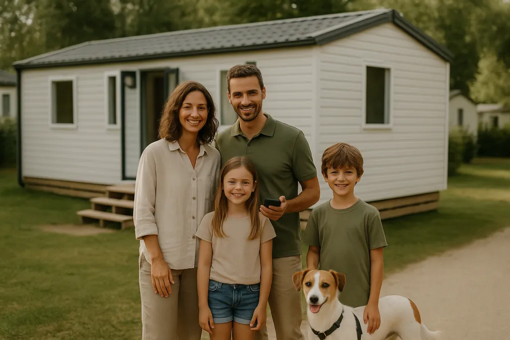 Famille heureuse devant son mobil-home au camping