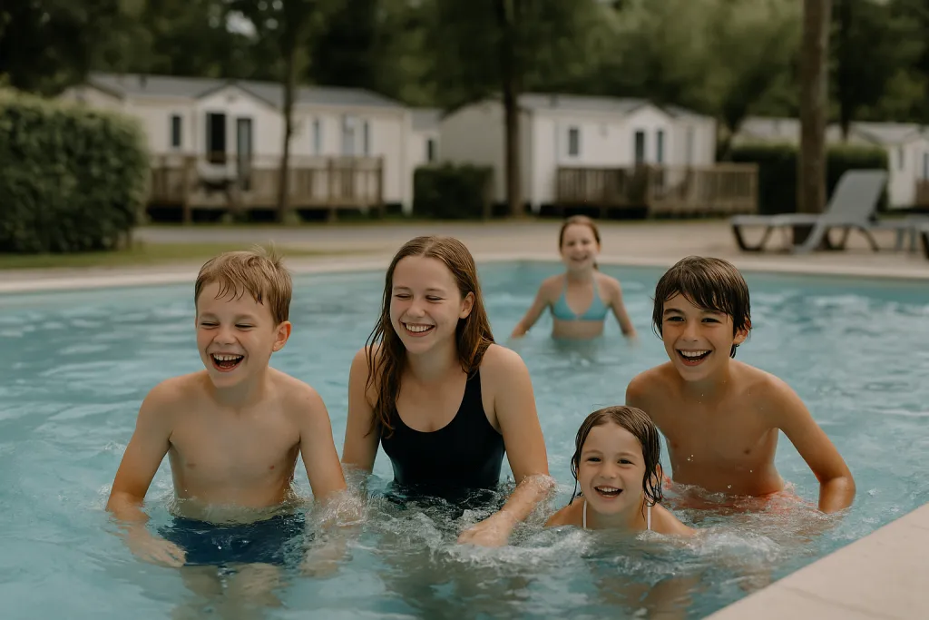 Enfants jouant dans la piscine du camping