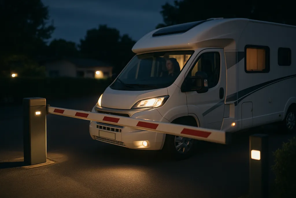 Camping-car arrivant de nuit devant la barrière