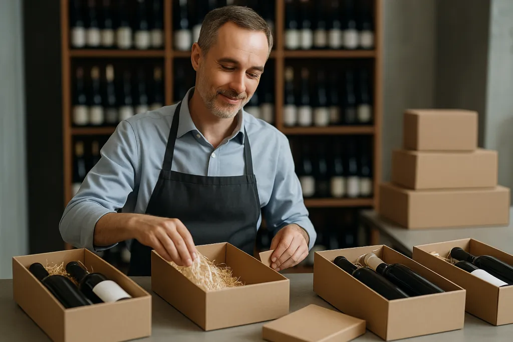 Caviste préparant des coffrets cadeaux