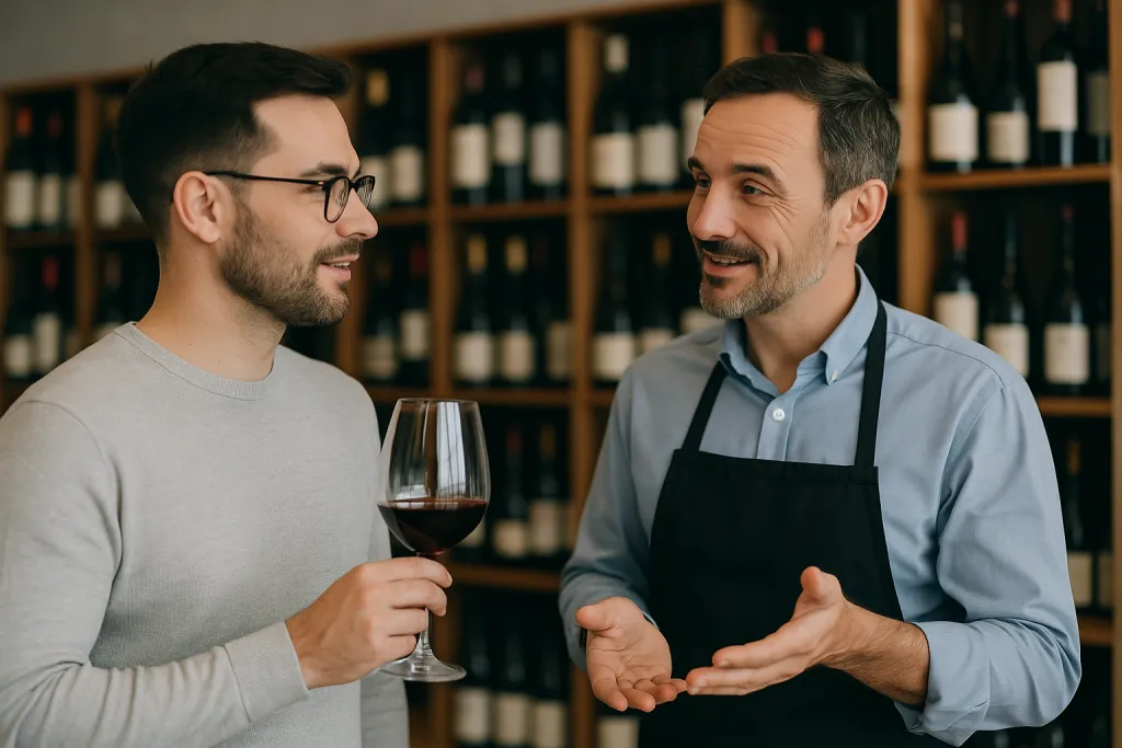 Caviste conseillant un client avec un verre de vin