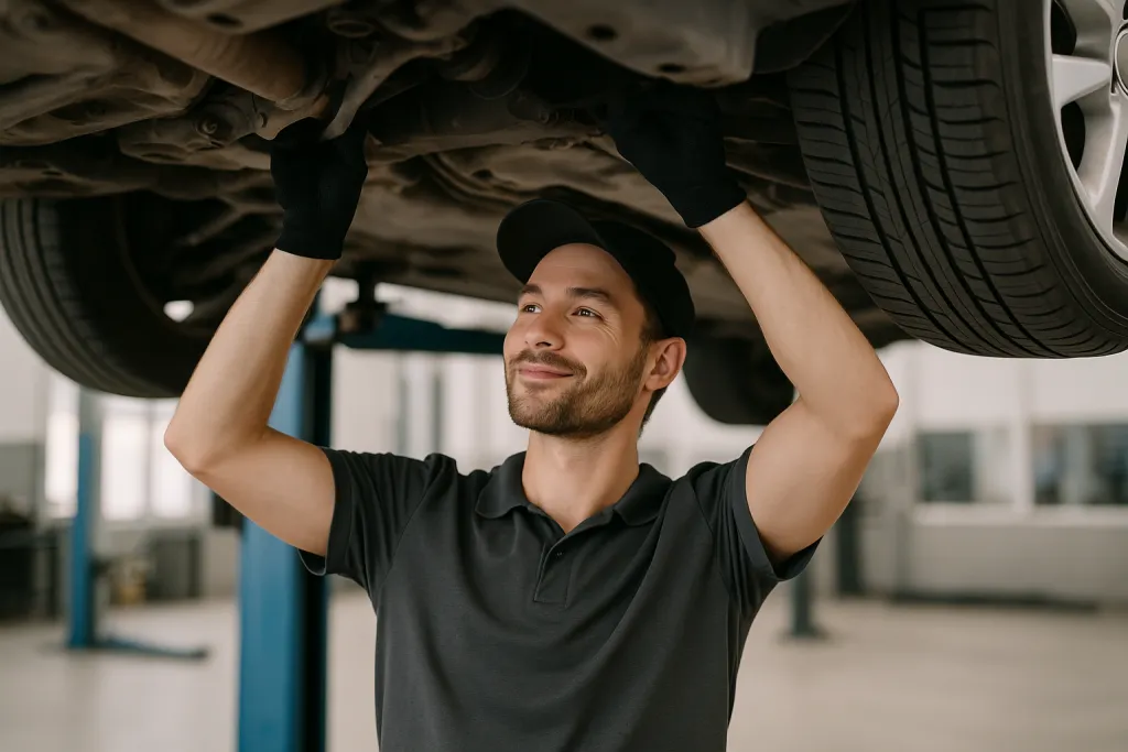 Mécanicien travaillant sous un véhicule sur un pont élévateur