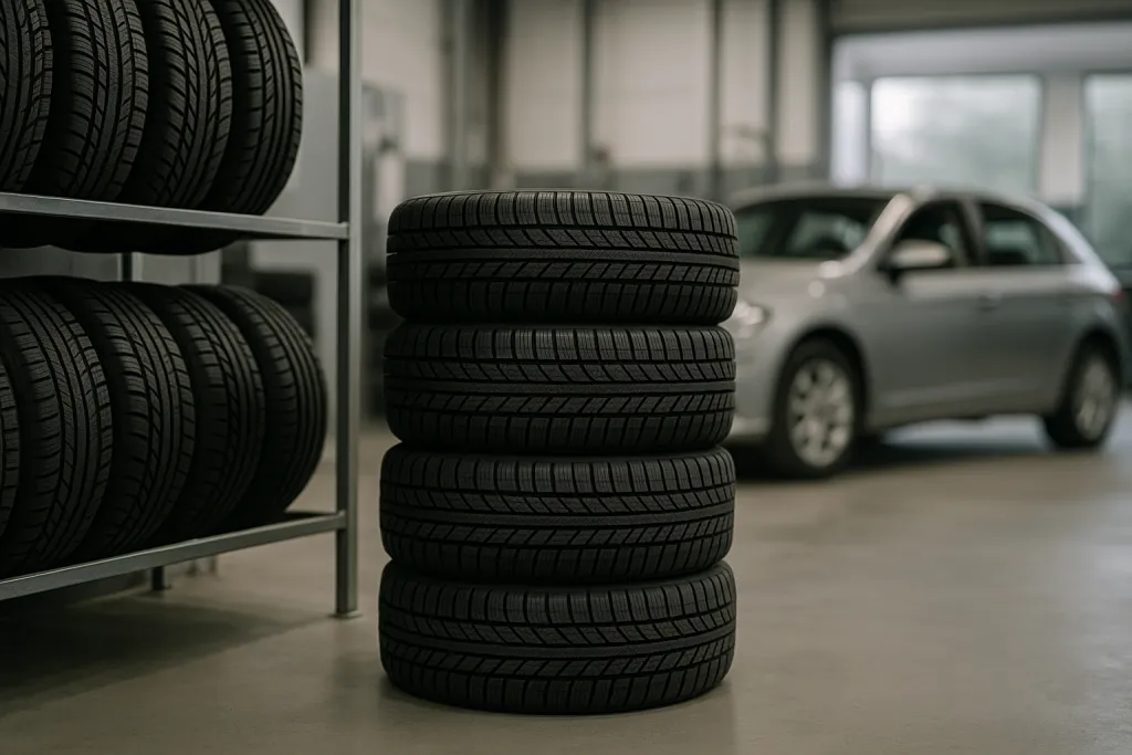 Stock de pneus dans un garage automobile