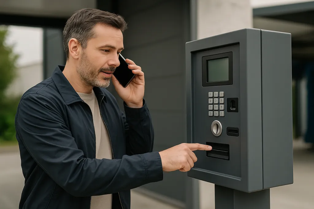 Client devant une borne de paiement d'un centre de lavage auto