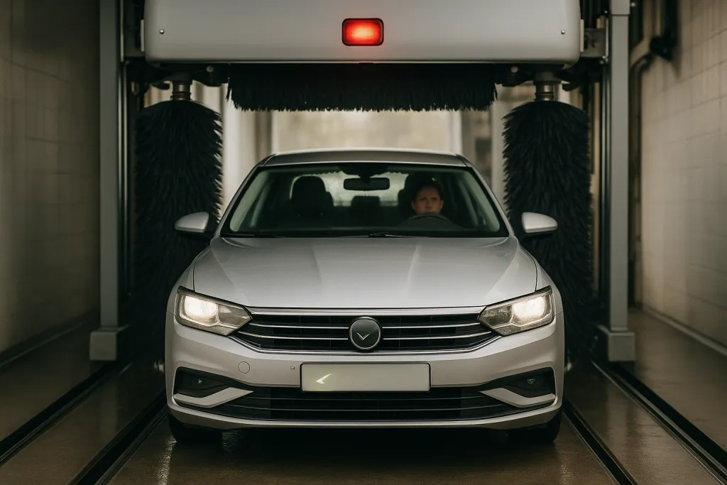 Voiture sous un portique de lavage automatique