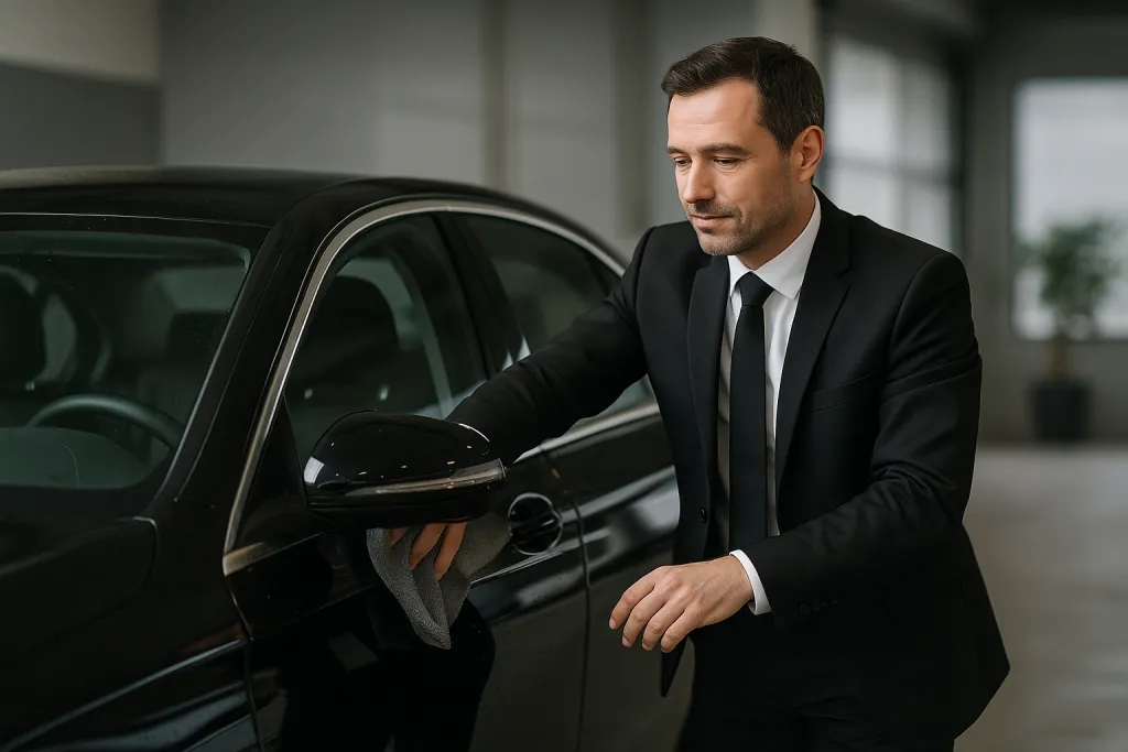 Chauffeur professionnel nettoyant sa voiture