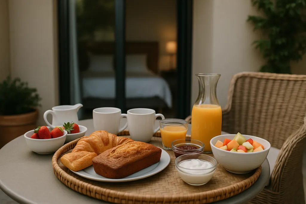 Petit-déjeuner copieux servi sur la terrasse d'une chambre d'hôtes