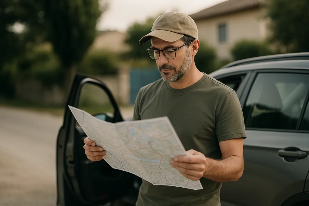 Touriste regardant une carte près de sa voiture