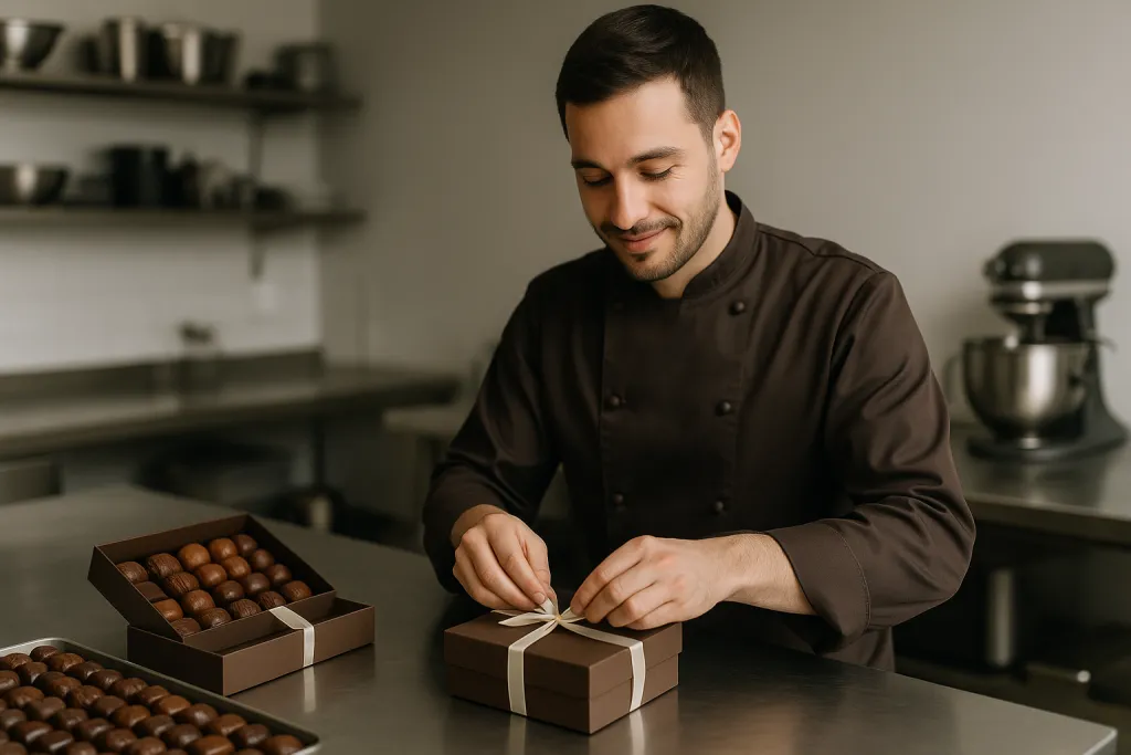 Chocolatier préparant des ballotins de chocolat