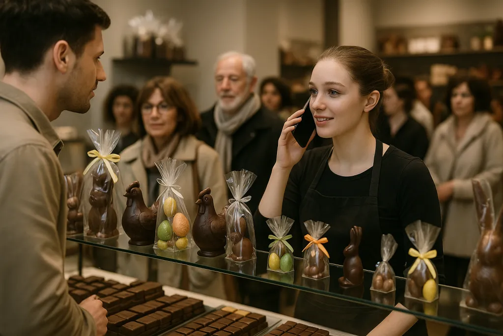 Vitrine de chocolaterie pleine pendant le rush de Pâques