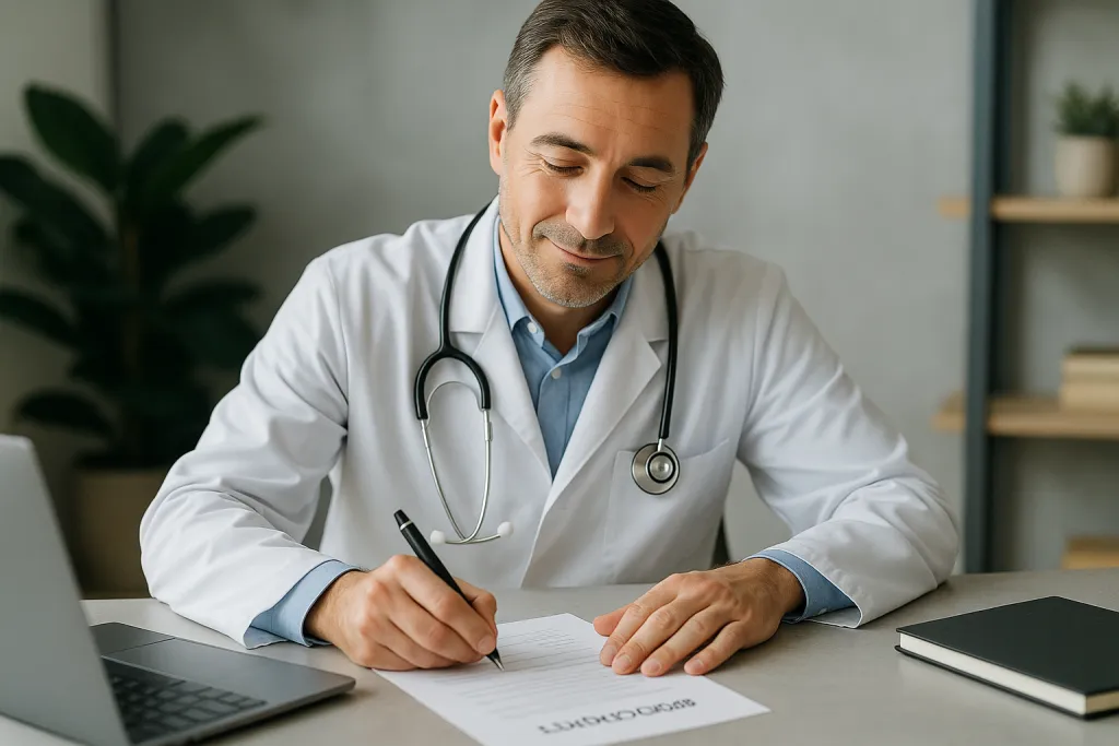 Médecin signant un certificat médical sportif