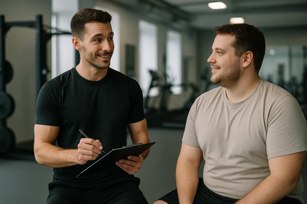 Coach sportif accompagnant un client en salle