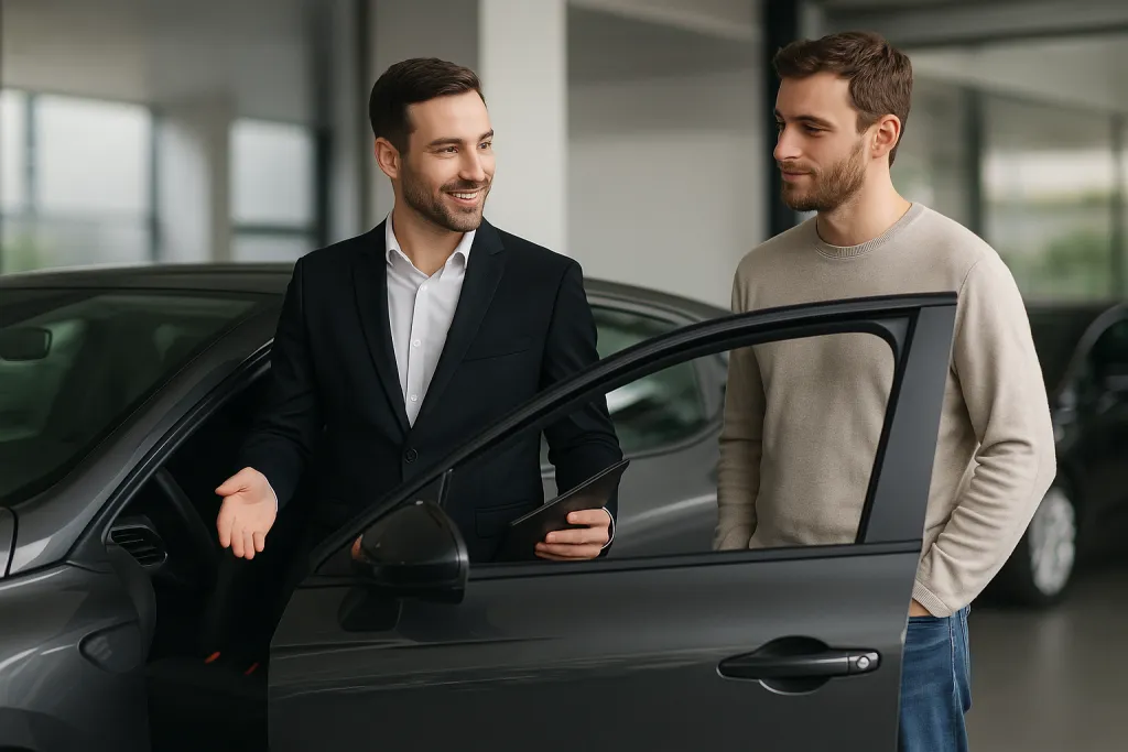 Vendeur automobile montrant un véhicule d'occasion à un client