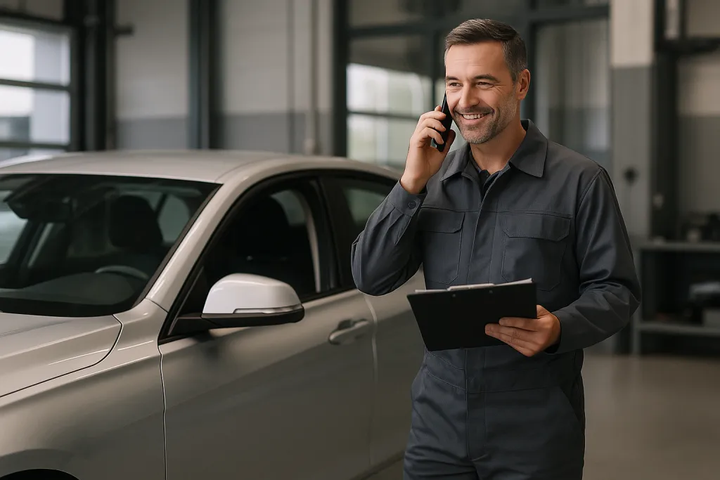 Chef d'atelier réceptionnant une voiture en concession