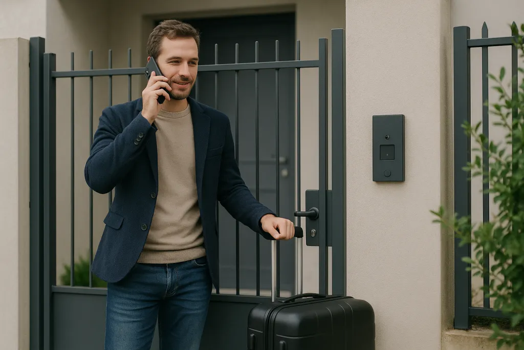 Voyageur avec valise devant une porte