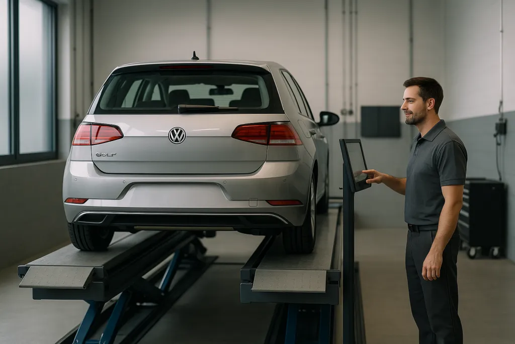 Voiture sur un pont dans un centre de contrôle technique