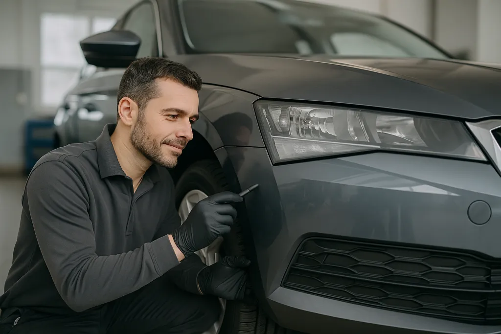 Contrôleur technique inspectant les pneus d'une voiture