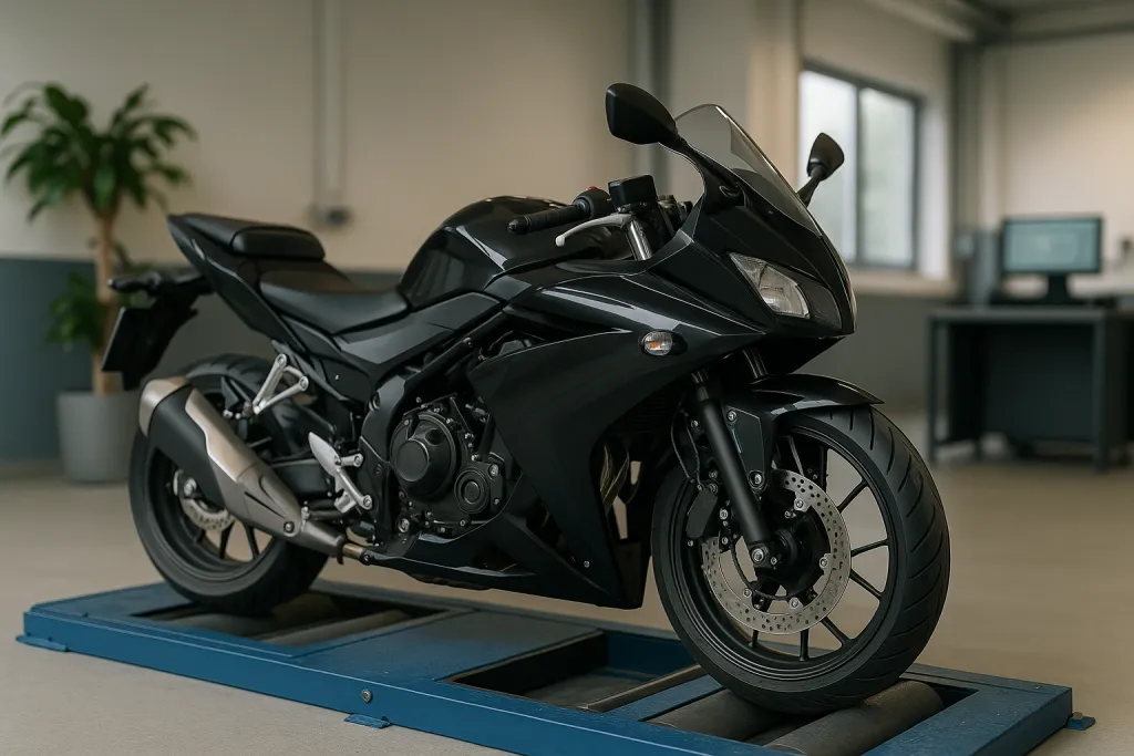 Moto sur un banc de contrôle technique
