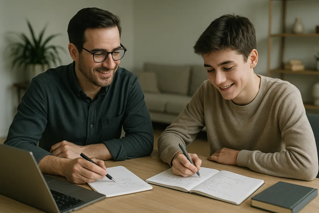 Professeur particulier aidant un lycéen à faire ses devoirs de mathématiques
