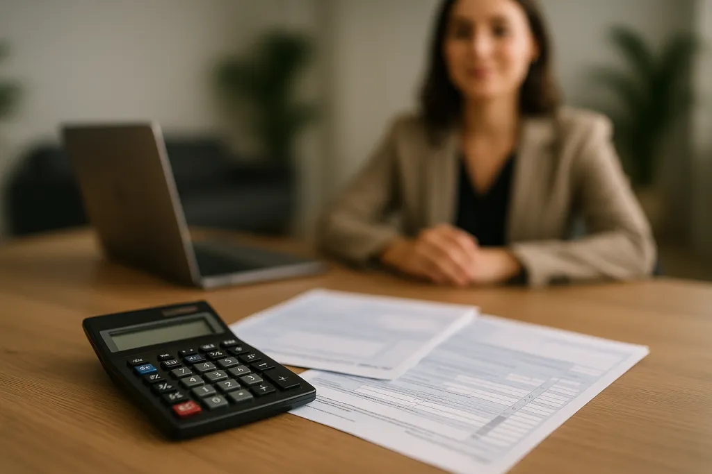 Calculatrice et formulaires fiscaux sur un bureau
