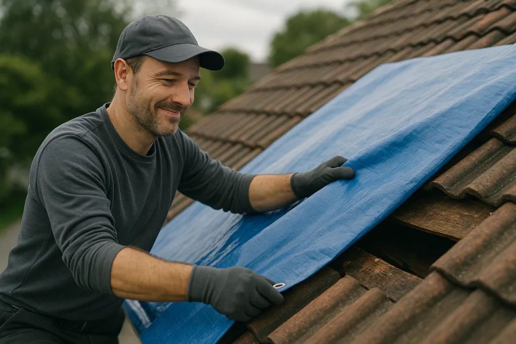Artisan couvreur bâchant une toiture endommagée