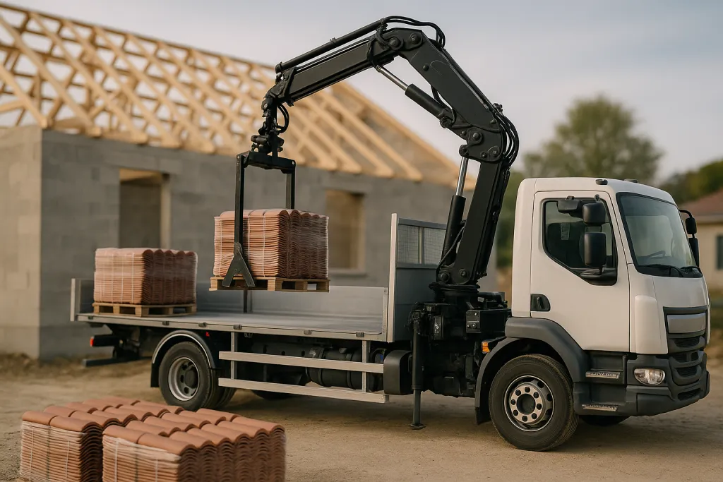 Camion-grue livrant des palettes de tuiles