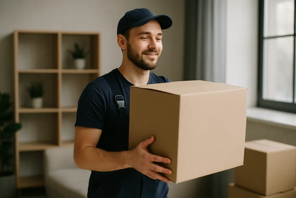 Déménageur portant un carton lourd