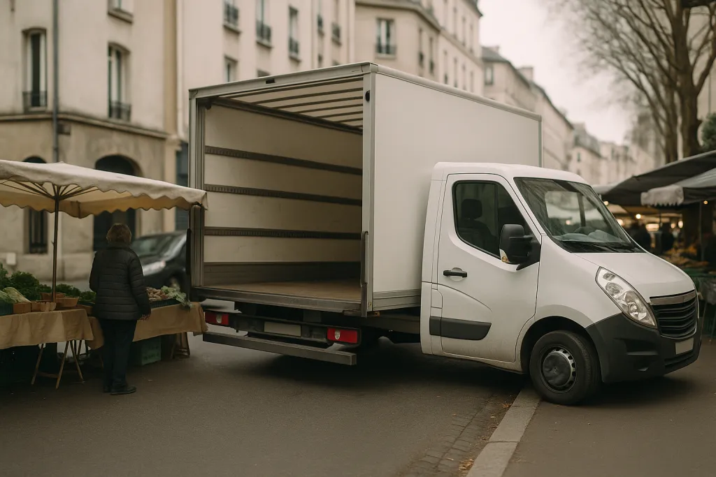 Camion de déménagement bloqué dans une petite rue