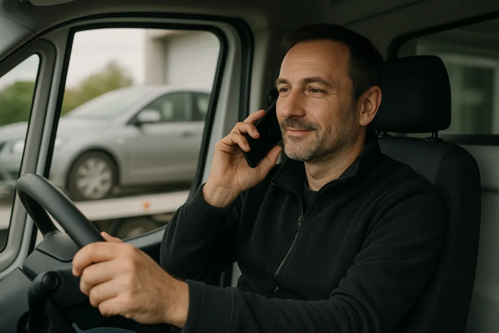 Chauffeur de dépanneuse au téléphone ou au volant