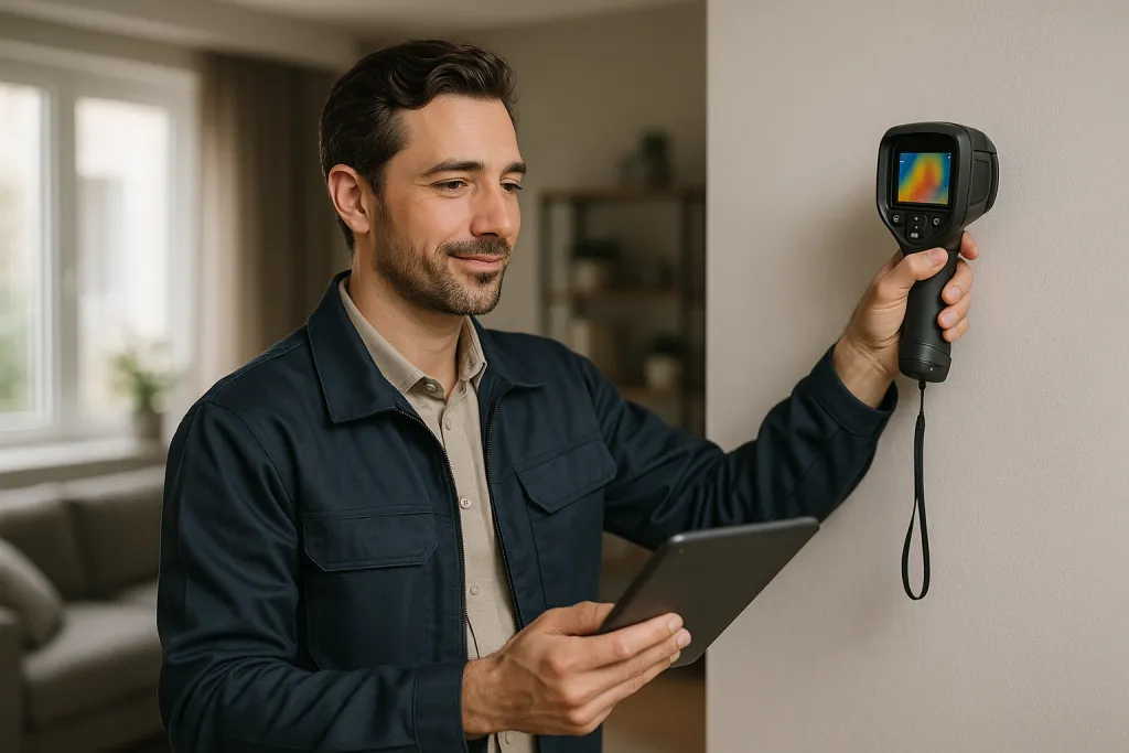 Diagnostiqueur immobilier réalisant un DPE