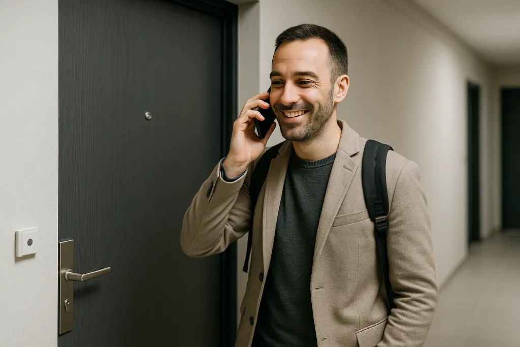 Locataire devant la porte d'un appartement
