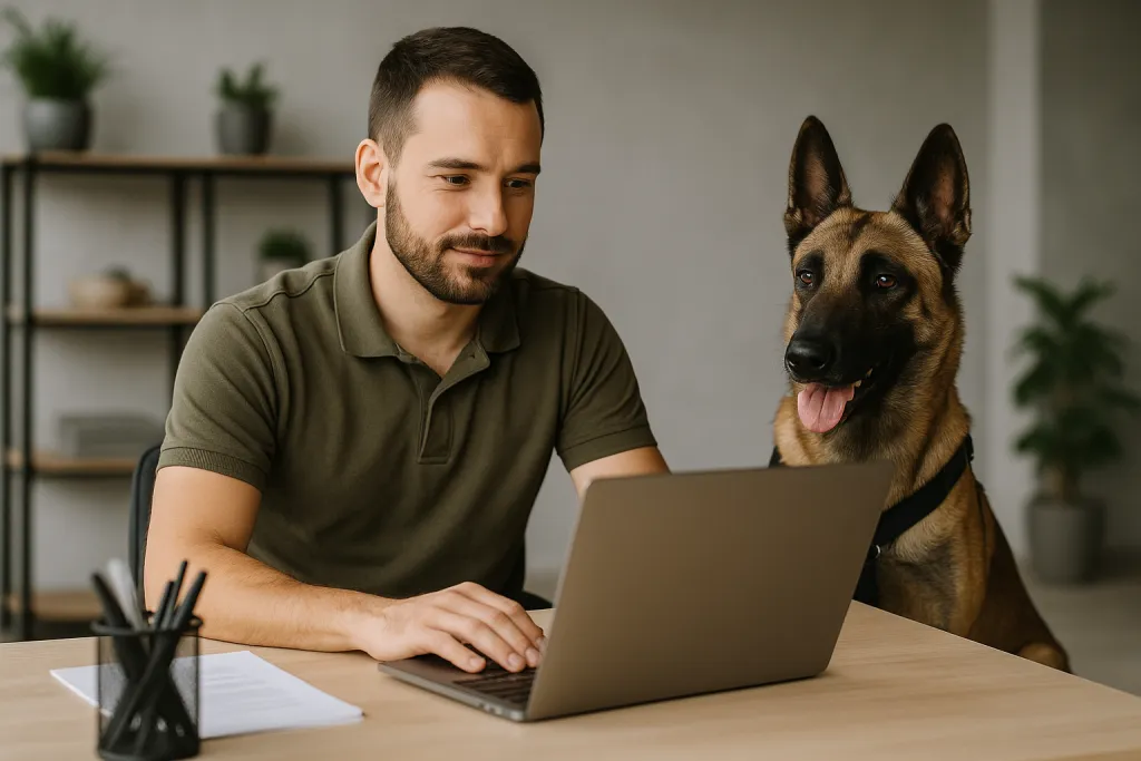 Éducateur canin avec un chien pendant que l'IA répond
