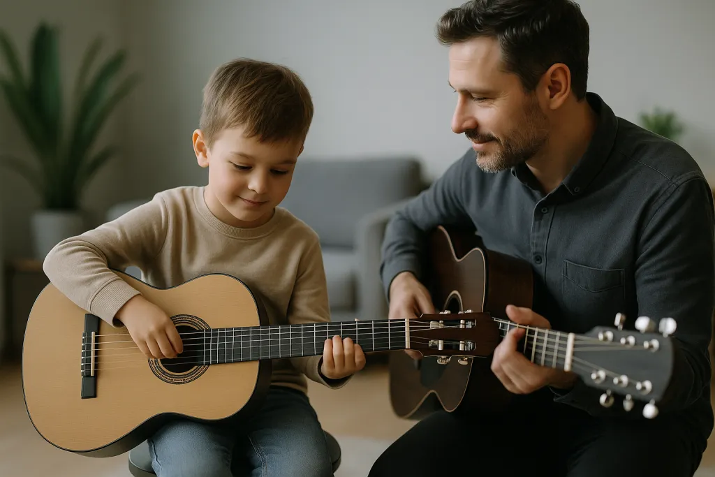 Enfant apprenant à jouer de la guitare avec son professeur