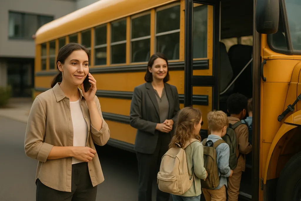 Bus scolaire jaune avec des enfants partant en sortie