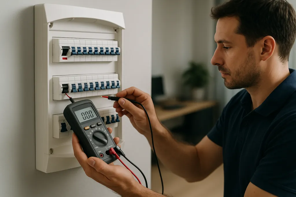 Tableau électrique disjoncté et testeur