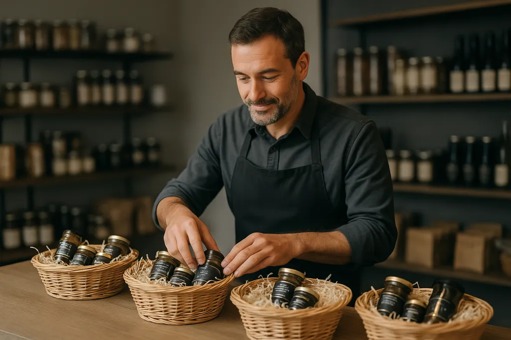 Épicier préparant des paniers garnis