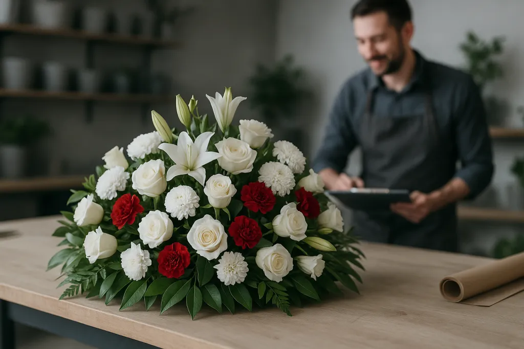 Composition florale posée sur l'établi du fleuriste